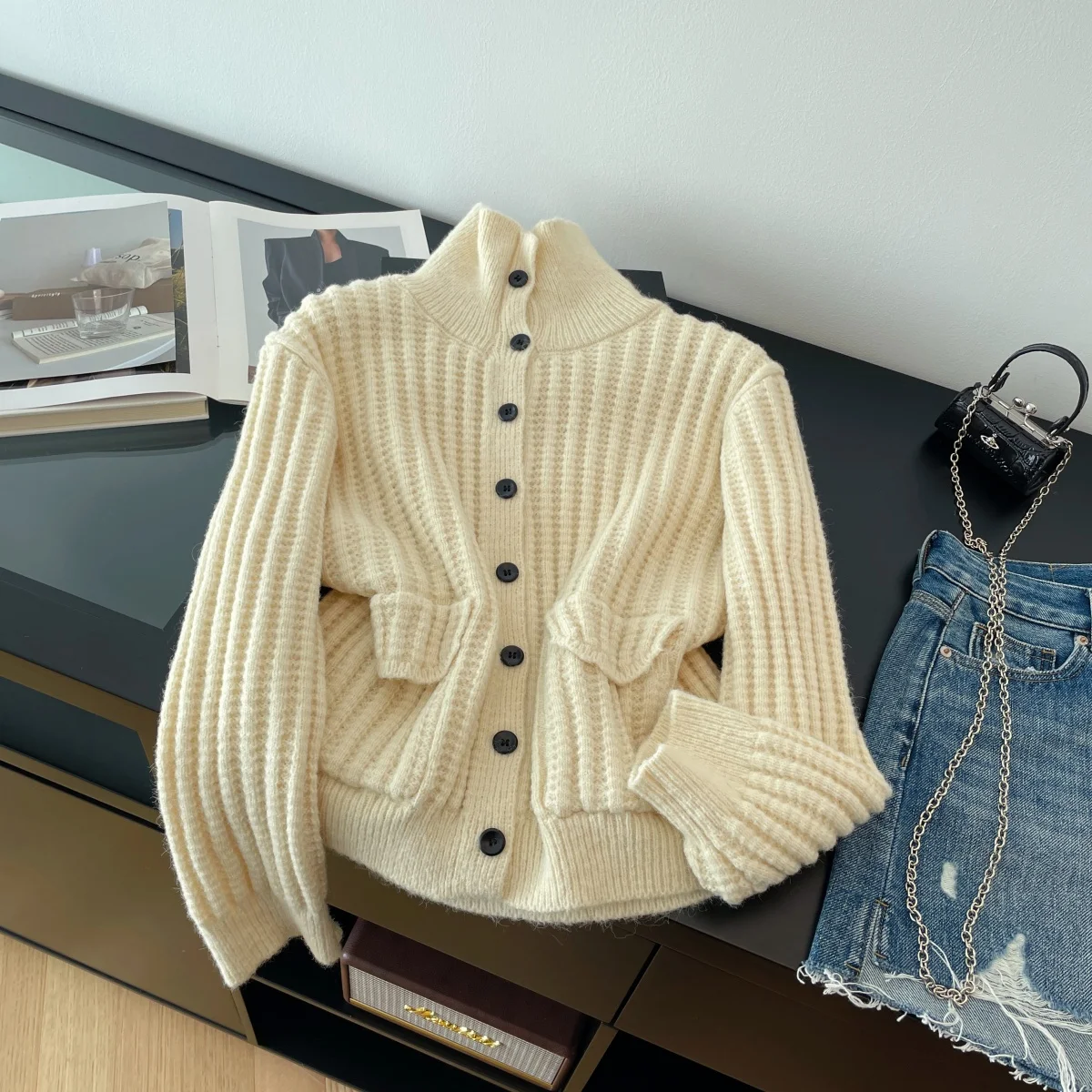 المرأة المشمش دافئ سترة متماسكة سترة خمر 2000s طويلة الأكمام الياقة المدورة سترة الكشمير المعنقة سترة ربيع الخريف للنساء