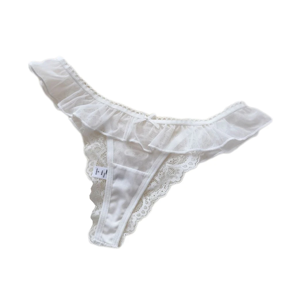 Tanga Sexy ultrafina con volantes para mujer, pantalones en T transparentes de malla, calzoncillos elásticos, ropa interior transpirable, lencería de tiro bajo