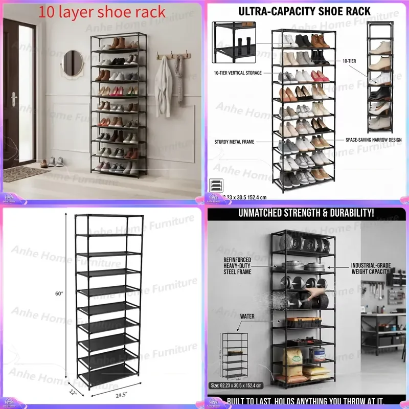 10 Tier Shoe Rack Organizer 9 Grid Storage Shelf for 30 Pairs Lightweight Non Woven Fabric Closet Cabinet Home Entryway