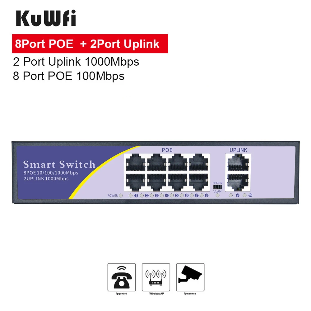 

KuWFi 48V POE Switch Gigabit With 8 Port VLAN 10/100/1000Mbps for CCTV IP Camera Wireless AP/POE Network Switch