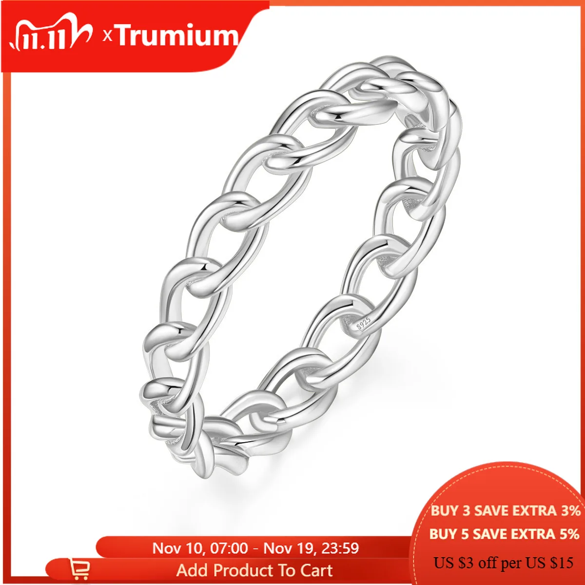 

Trumium Thin Chain Ring Cuban Curb Link Gold Original 925 sterling silver ring Stylish Rings for Women Girls