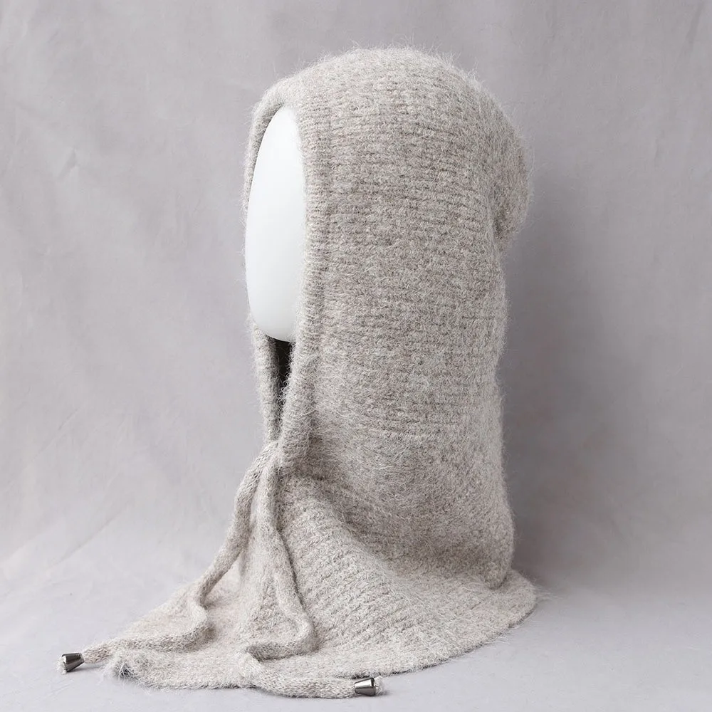 Trendige Winter-Balaclava-Mütze aus dickem Garn mit Ohrenschutz, einfarbige, gemütliche Fleece-Beanie-Mütze mit integriertem Schal – Detail 5