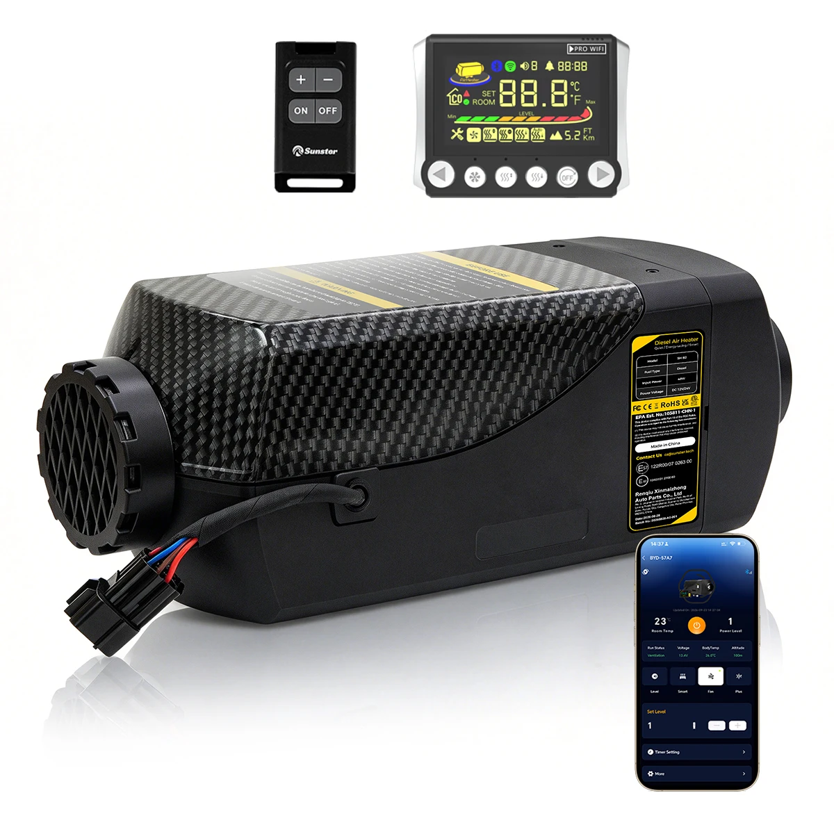 Sunster 2KW SH W2 Diesel-Luftheizung 12V 24V mit WiFi, Bluetooth, APP-Fernbedienung und LCD, für große Höhen (bis 5500m) mit automatischer Kraftstoffanpassung, extrem niedriger Kraftstoffverbrauch