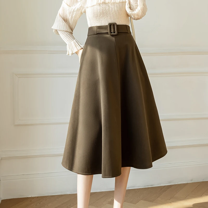 Warme Winter Dames Wollen Midi Rok Met Riem 2023 Hoge Taille Casual Vintage Big Swing Saias Longas Lady