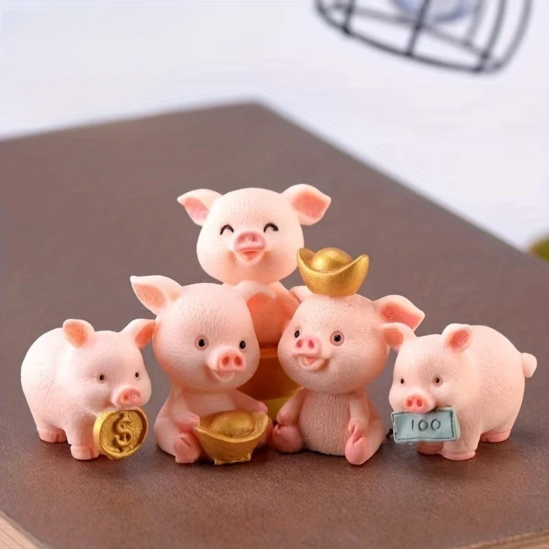 Lechón de resina para decoración de escritorio, 5 piezas, bricolaje, bonito, oro, jardín, Micro paisaje, coche, adornos, regalos
