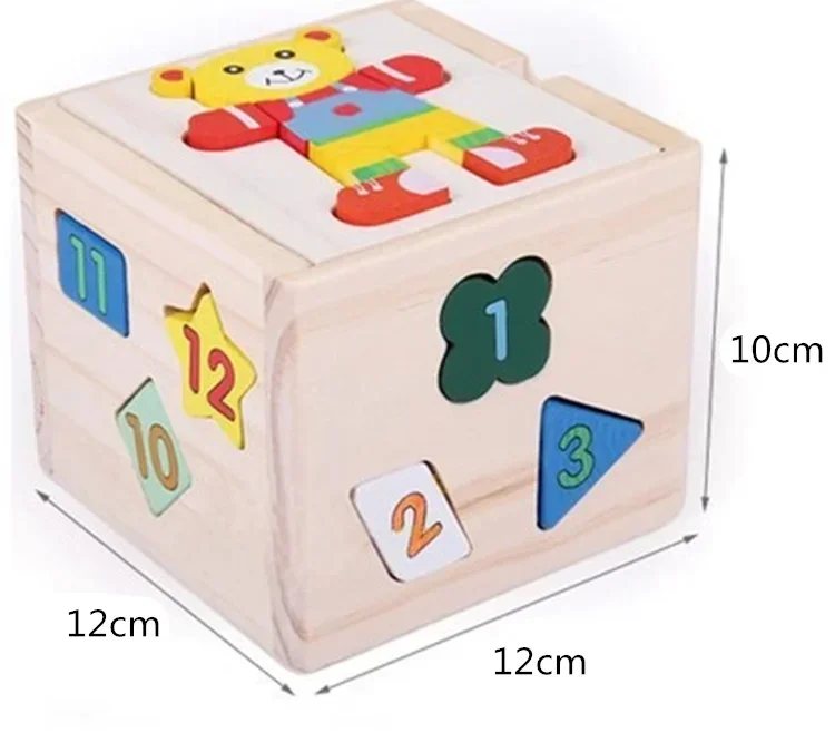 Cubo de clasificación con forma de oso, 13 formas gruesas, juguetes de bloques geométricos de madera digitales, comprensión educativa, color divertido