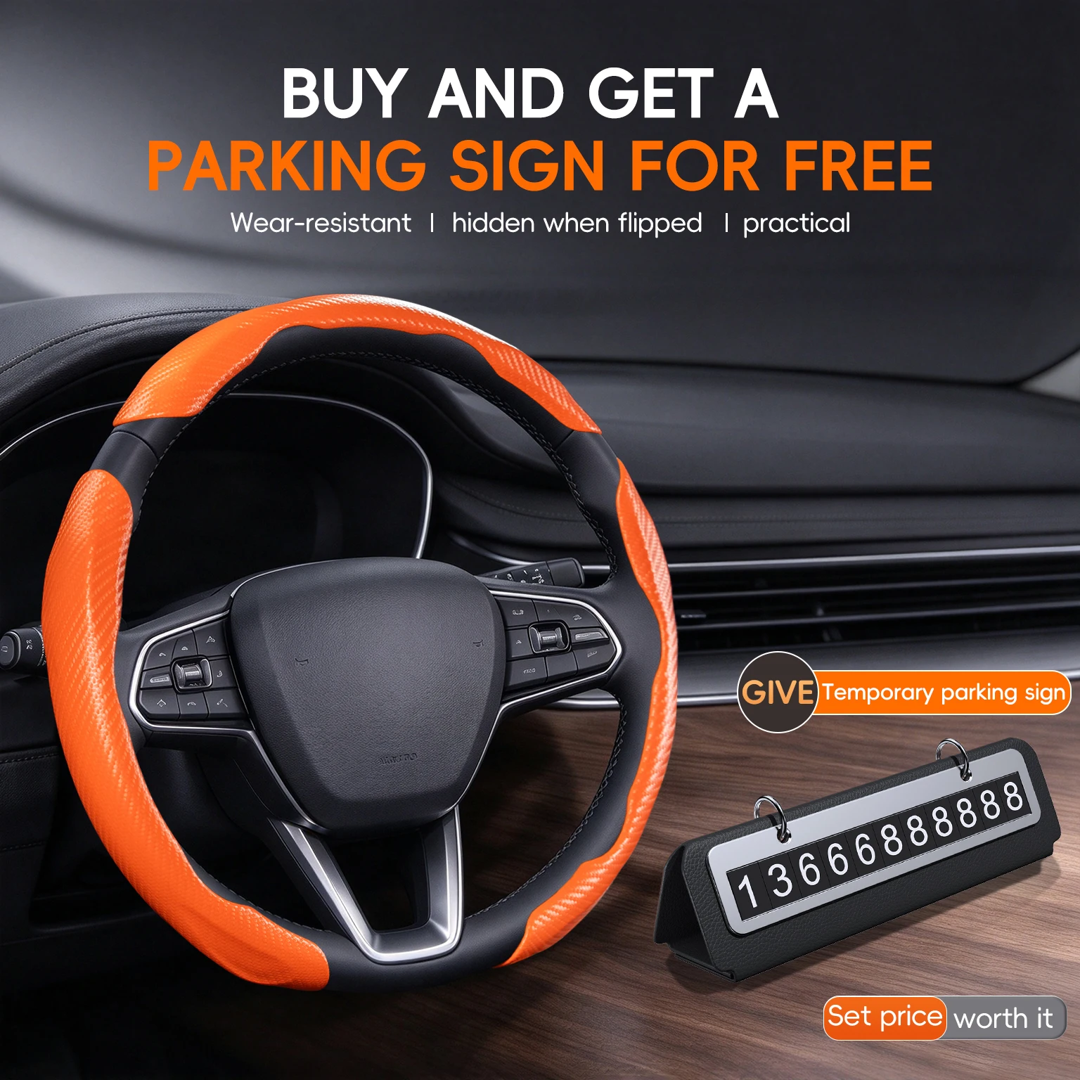 O-D type universal carbon fiber steering wheel anti slip assist protective cover, with free parking sign included