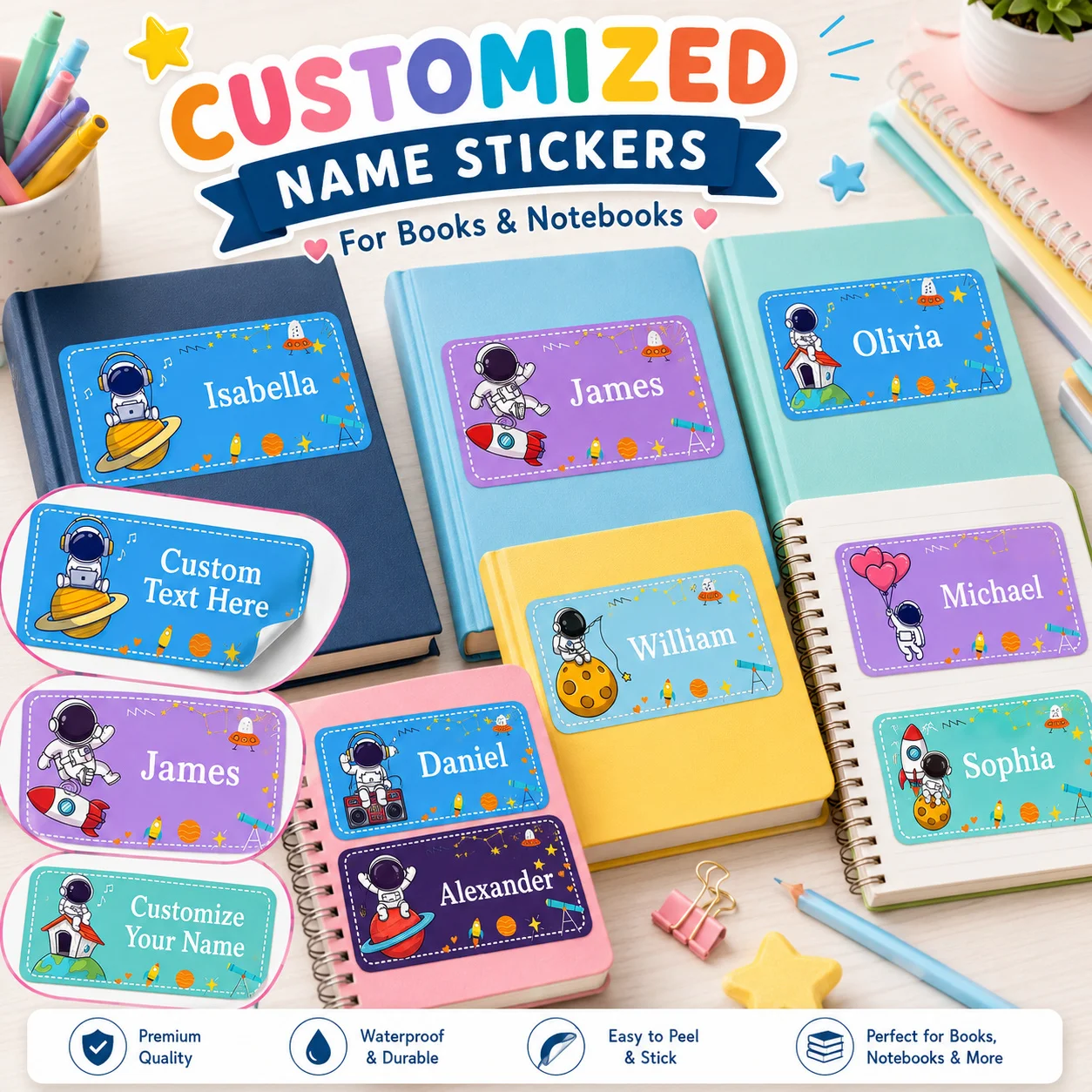 Customized Back-To-School Photo Name Stickers, Custom Text Labels, Personalized Labels for Schools, Offices, Water Bottles, Pencils - Non-Curling Adhesive Waterproof Name Tags, School Classroom Backpacks, Luggage, Back-To-School Gifts for Sons and Daughters