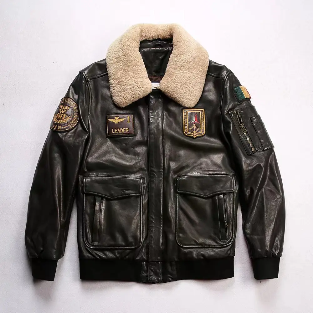 High Quality Plus Size Winter Fashion Men Wool Embroidery Motorcycle Vintage Real Sheepskin Genuine Leather Jacket Biker Clothes