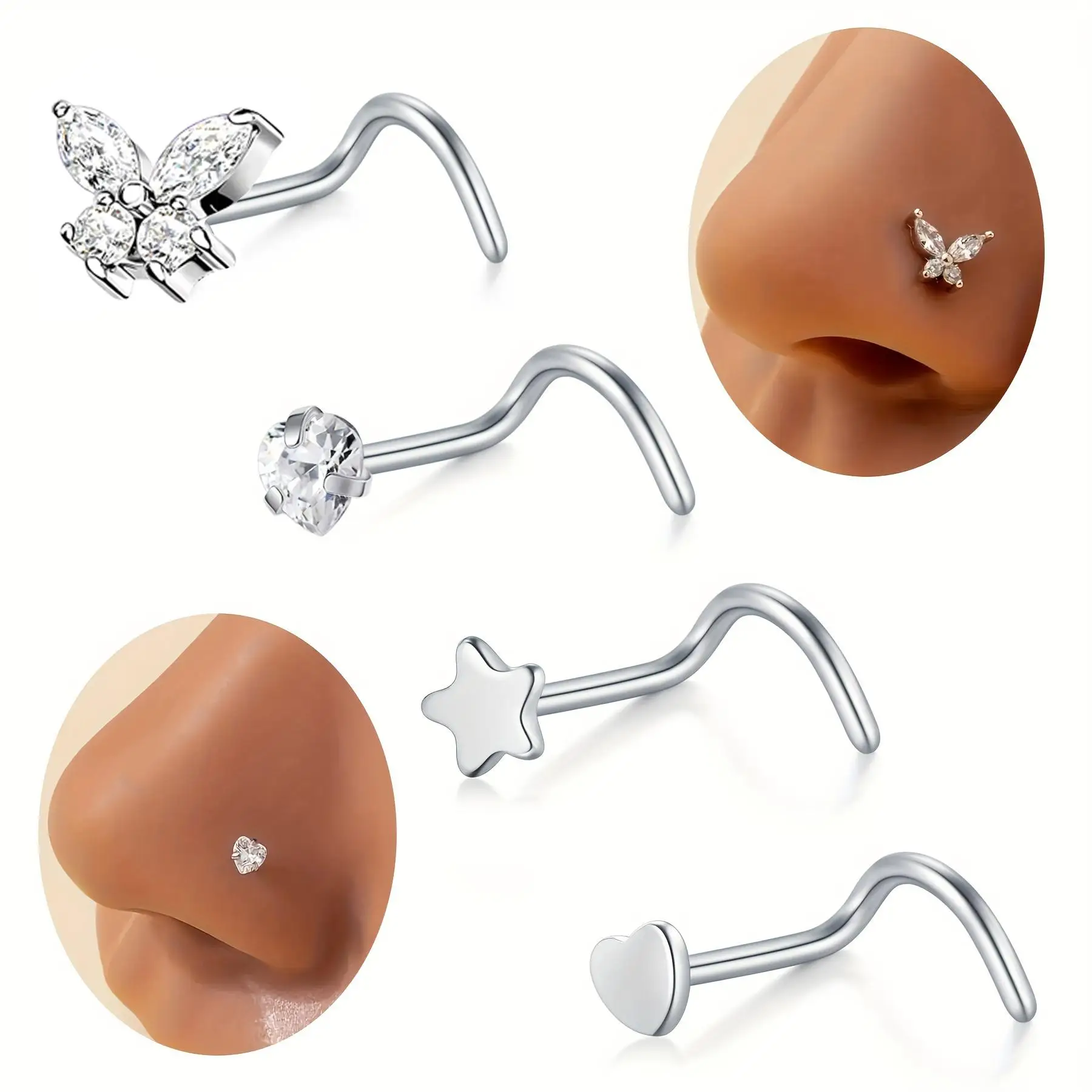 4pcs/Set 20G Stainless Steel Cubic Zirconia Nose Stud Screw Nose Rings Butterfly Love Star Body Piercing Jewelry for Women