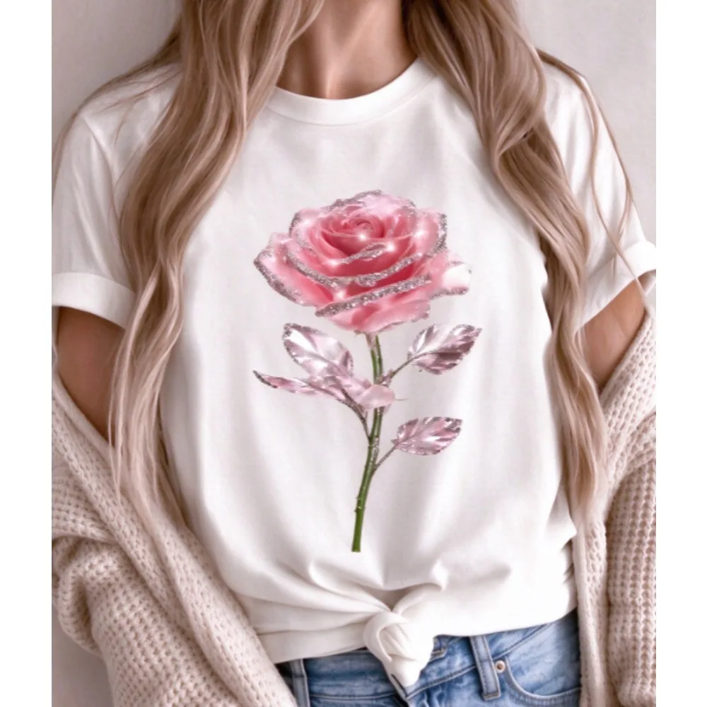 Women Crew Neck Short Sleeve T-shirt Sparkly Pink Crystal Rose Graphic Tee Elegant Floral Casual Daily Wear Top