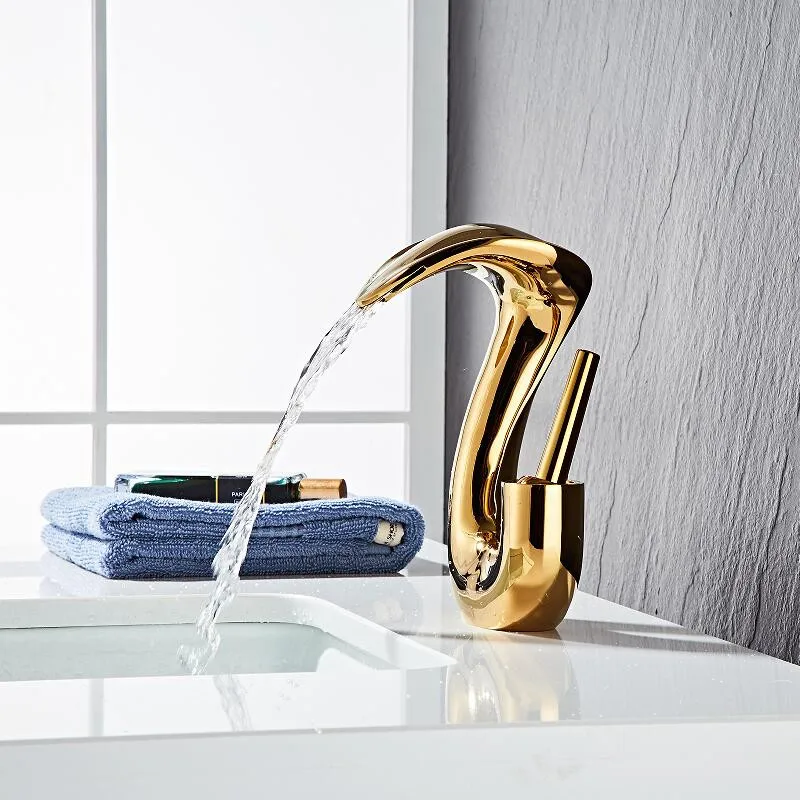 Tuqiu Black Bathroom Faucet Brass Gold Basin Faucet Cold And Hot White Waterfall Mixer Sink Tap Single Handle Deck Mounted  Tap