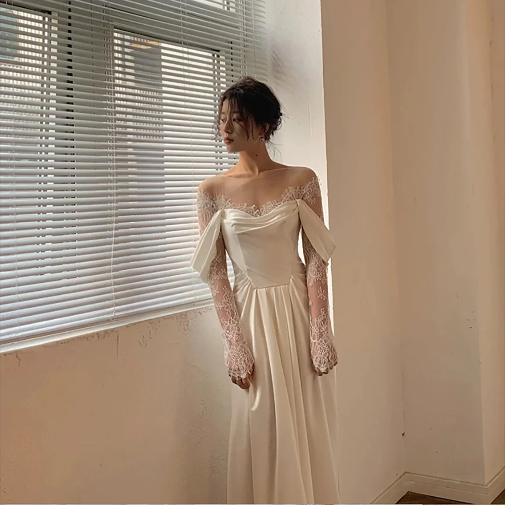 Robe de Mariage en Tulle à Manches sulfet Fente Haute, Vêtement en Satin Froncé, de Grande Taille, A-ligne, pour Patients