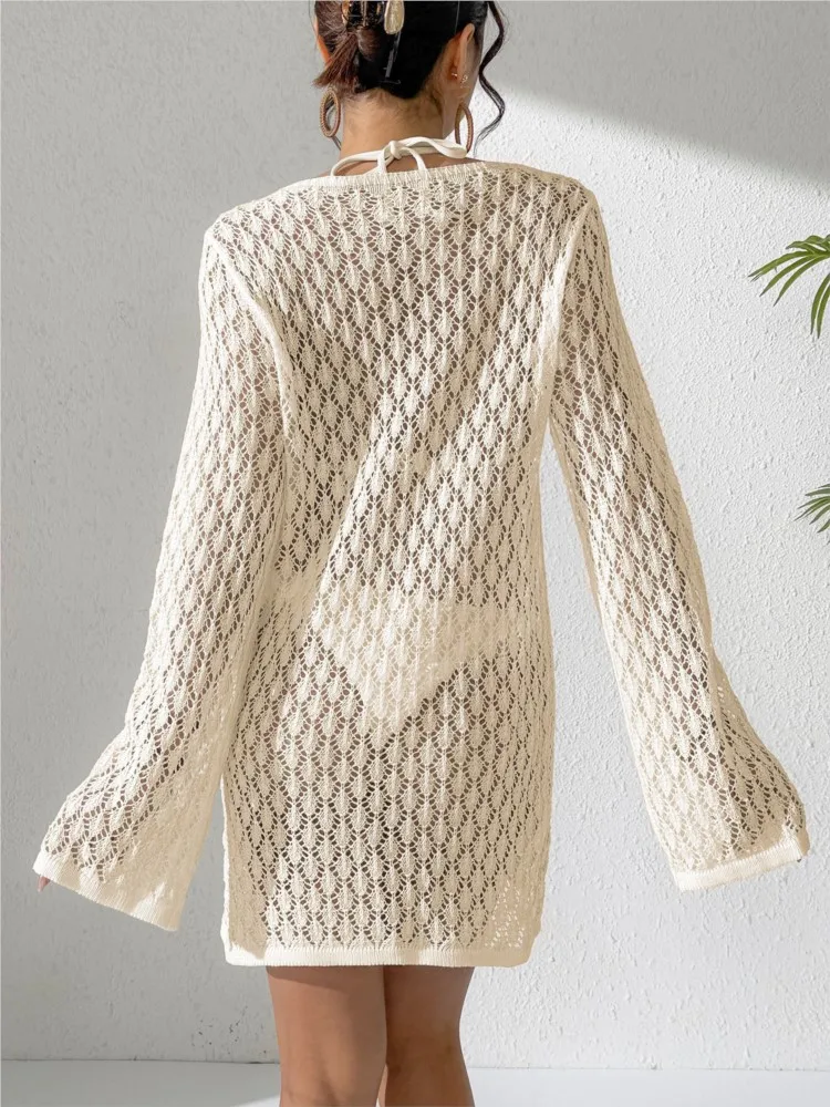 Sexy Boho Chic V-Neck Cover-Up Cut Out Long Sleeve Knit Beach Mini Dress 2026 Summer Women Seaside Holiday Swimsuit Cover Up