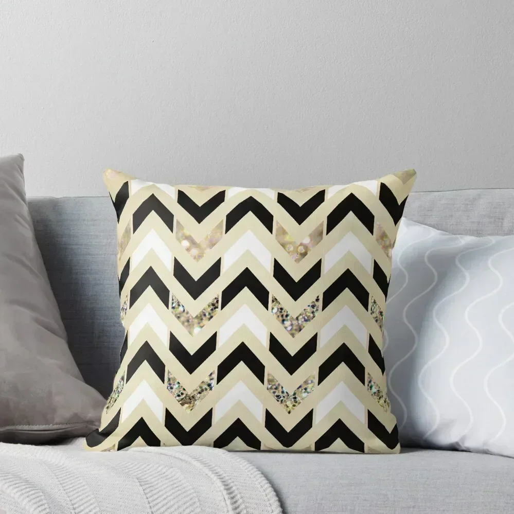 

Black, White & Gold Glitter Herringbone Chevron on Nude Cream Throw Pillow New year christmas ornaments 2025 pillow