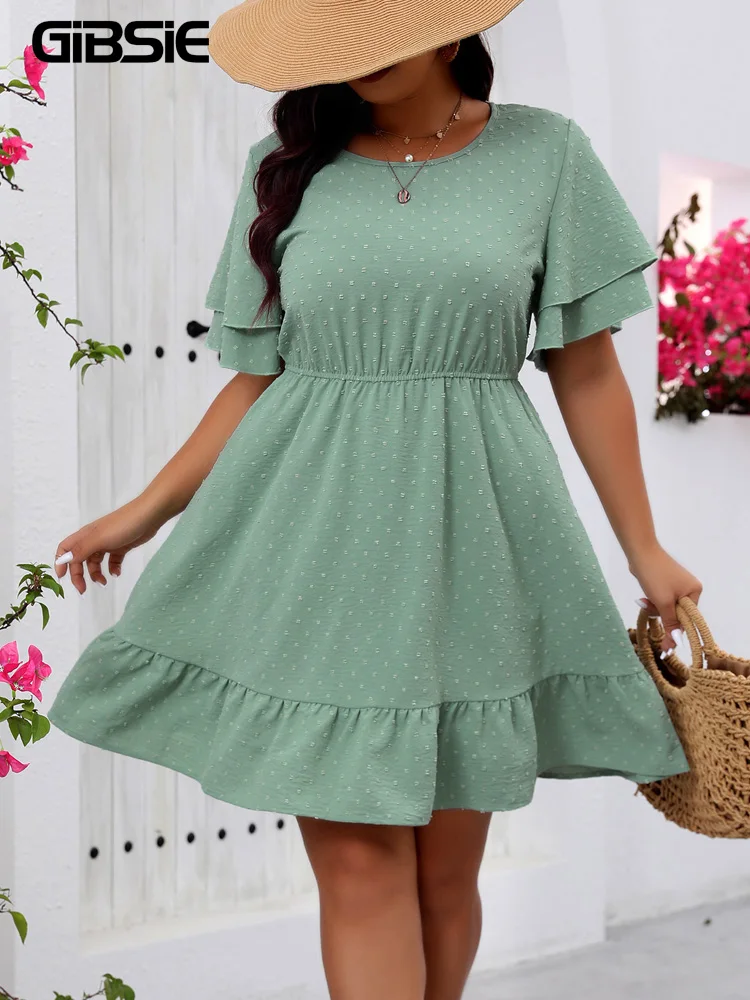 GIBSIE Plus Size Swiss Dot Butterfly Sleeve Dress Women Summer 2025 New Round Neck Elastic Boho A-line Ruffle Hem Short Dresses