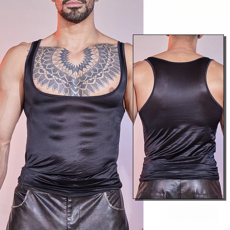 رجل شبكة Singlets العضلات القمم ساحة الرقبة منخفضة الصدر قميص النفط لامعة لامعة شير كمال الاجسام سترة دون أكمام محدد شكل الجسم #4