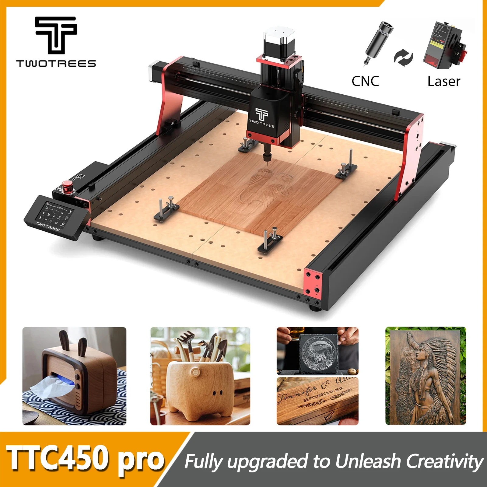 Twotrees TTC450 PRO CNC Router Machine 4-Axis 90% Assembled CNC Woodworking Laser Engraving Cutting wood Metal GRBL Control