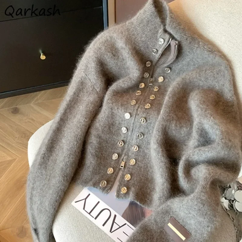 

Двубортный кардиган, женский осенний однотонный простой универсальный дизайн на молнии, мешковатый уютный укороченный свитер, уличная одежда, Ulzzang Chic