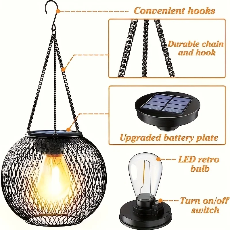 2 Elegant Metal - Upgraded LED Pendant Light With Textured Glass Balls, 600Mah Nickel Hydrogen Battery, Perfect For Garden,