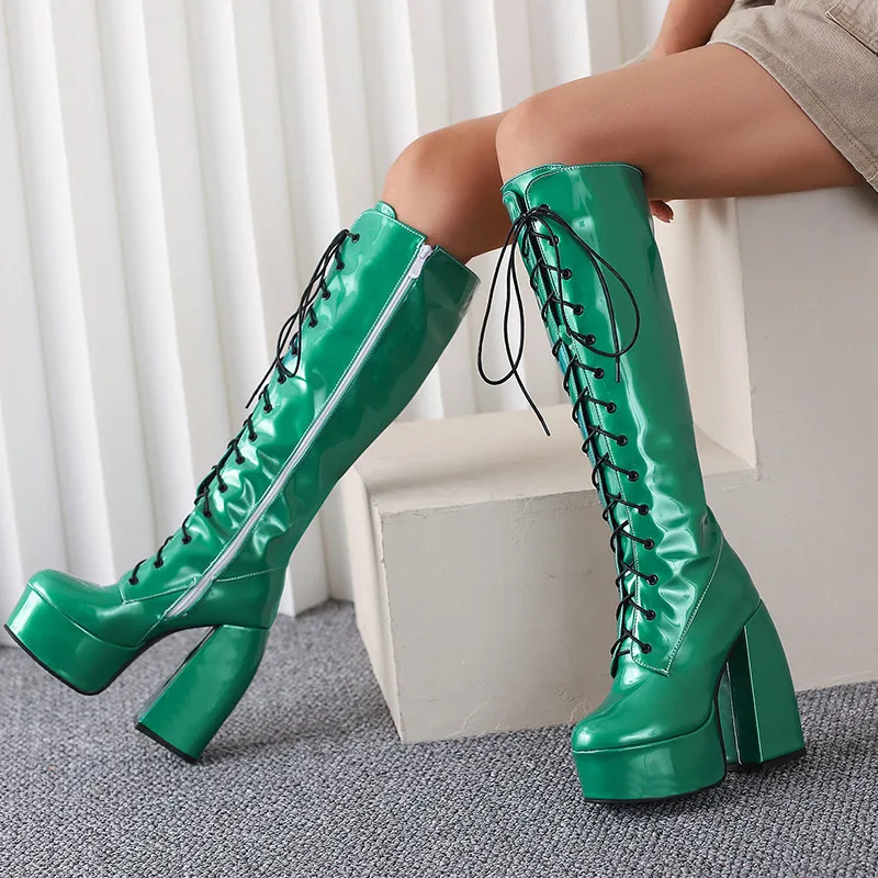 Cross Lace Up Patent Leather High Tube Boots Side Zip Super High Heel Fashion Style Minimalist Below Knee Rider Boots