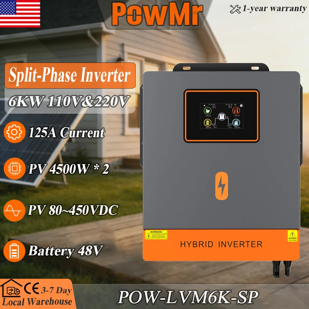 PowMr 6kW Split Phase Inverter 48VDC to 120/240VAC Max 125A MPPT Charging Current Dual PV Input PV 80 -450Vdc Built in LCD BMS RS485 Lead-Acid/Li-Ion Compatible for Solar Home
