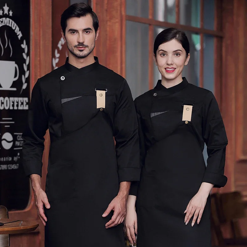 Uniforme de chef com avental, jaqueta de chef de manga comprida de alta qualidade, hotel, restaurante ocidental, padeiro, uniformes de chef, comida, catering, casaco de trabalho