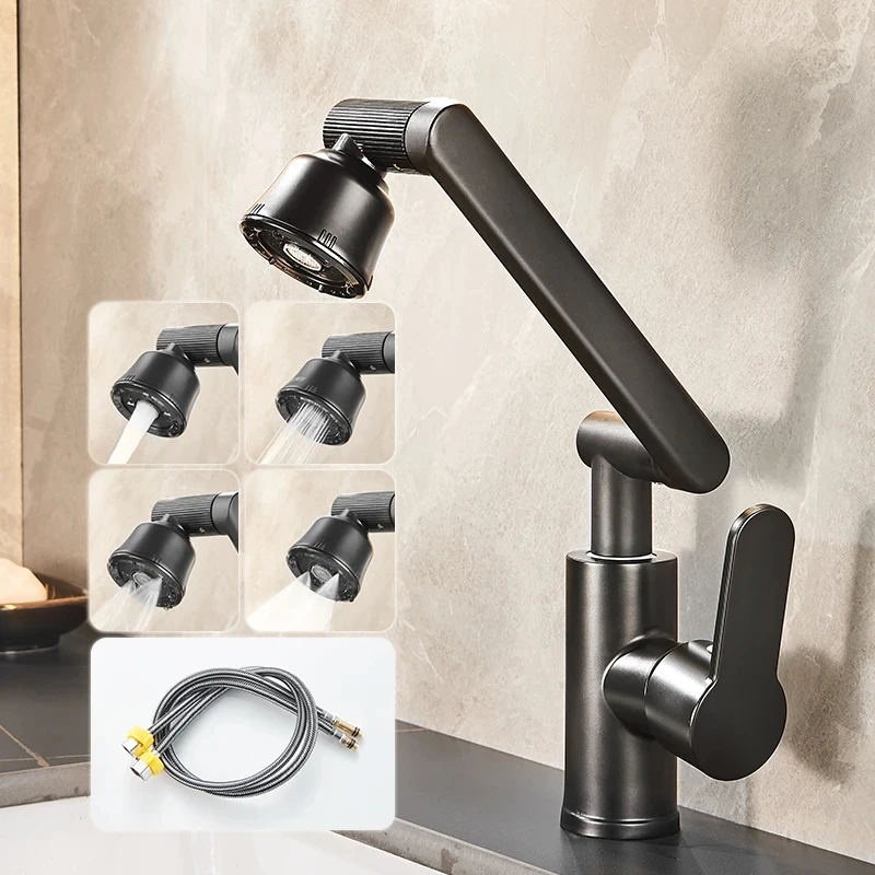 Black Kitchen Faucet 1080° Degree Rotation Copper Material Dual Mode Output Lift Type Bathroom Kitchen Tap Deck Mounted