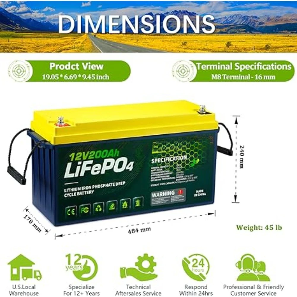 12V 200AH LiFePO4 Lithium RV Battery, Perfect for Solar System, Marine, 2560Wh 5000+ Deep Cycles, Built in BMS with 10 Yrs