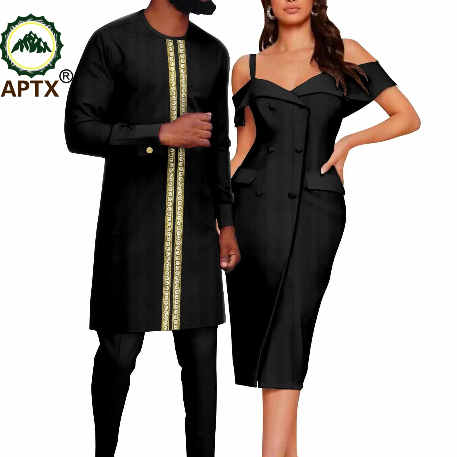 

African Couple Set Matching Outfits Women Slip Dress Men Embroidery Shirt Pants Bazin Riche Attire for Wedding Suit TY23C084