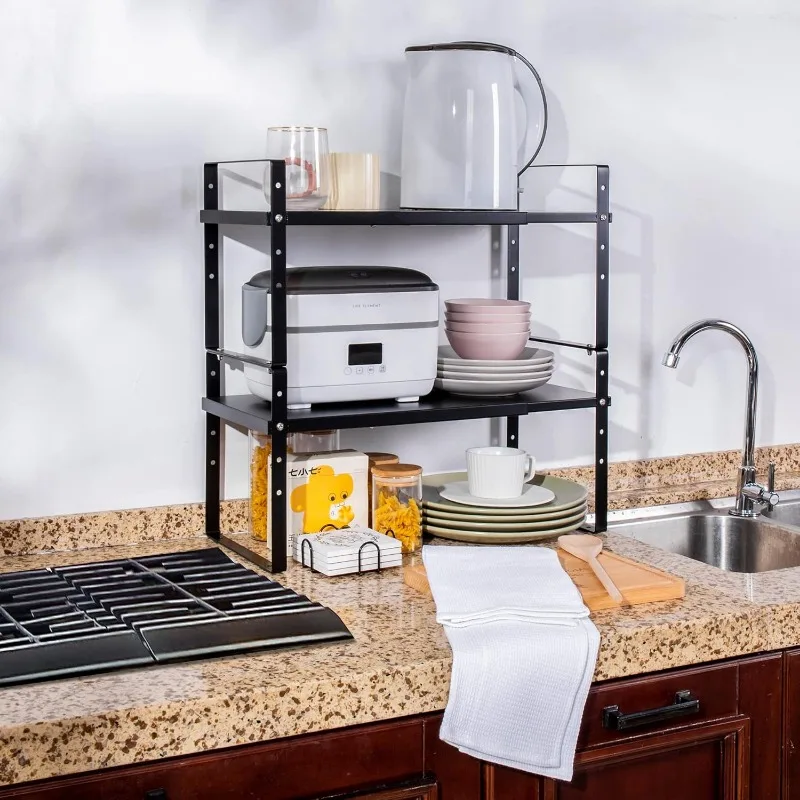 ขยายตู้ชั้นวางOrganizer Rack,STACKABLE KITCHEN Countertop Organizerชั้นวางของ,ปรับได้ (สีดํา,2 แพ็ค)