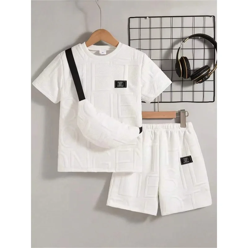 Boys' Solid Color Summer Outing Two-Piece Set with Three-Dimensional Embossed round Neck Short Sleeved T-Shirt And Shorts