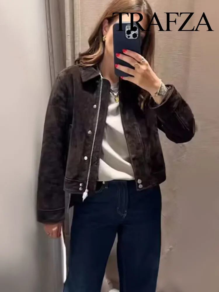 

TRAFZA Women Autumn Fashion Versatile Suede Blend Lapel Long Sleeves Pockets Jacket Female Elegant High Street Zipper Slim Coats
