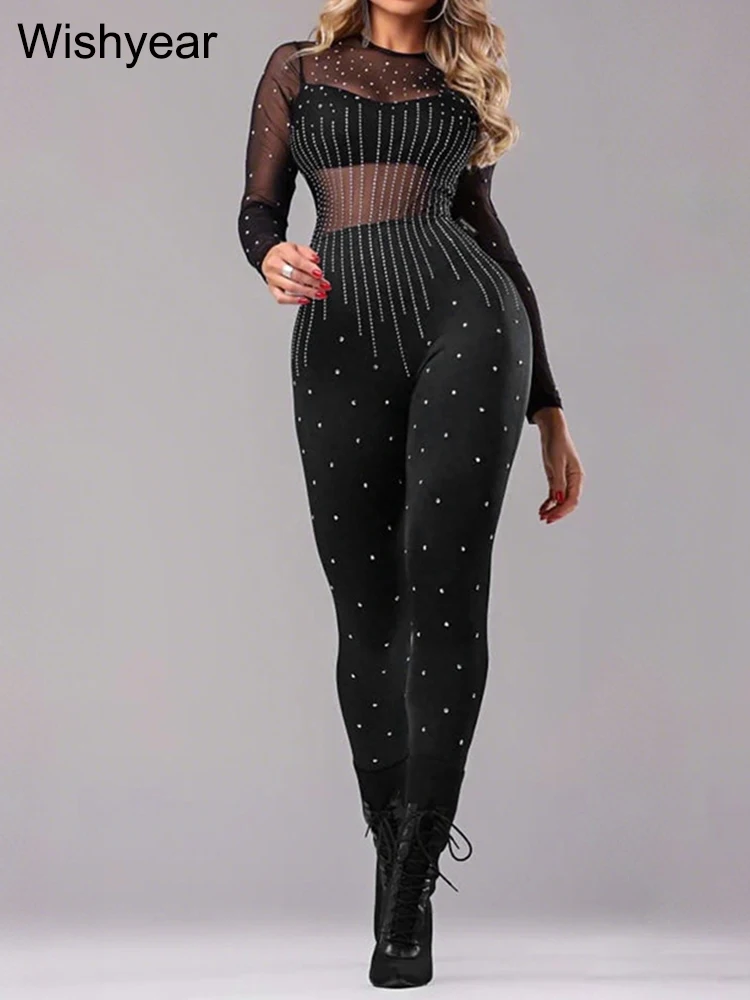 New Women's Sexy Rhinestone Mesh Bodycon Jumpsuit Long Sleeve Sheer See Through One Piece Outfit for Nightclub Birthday Party