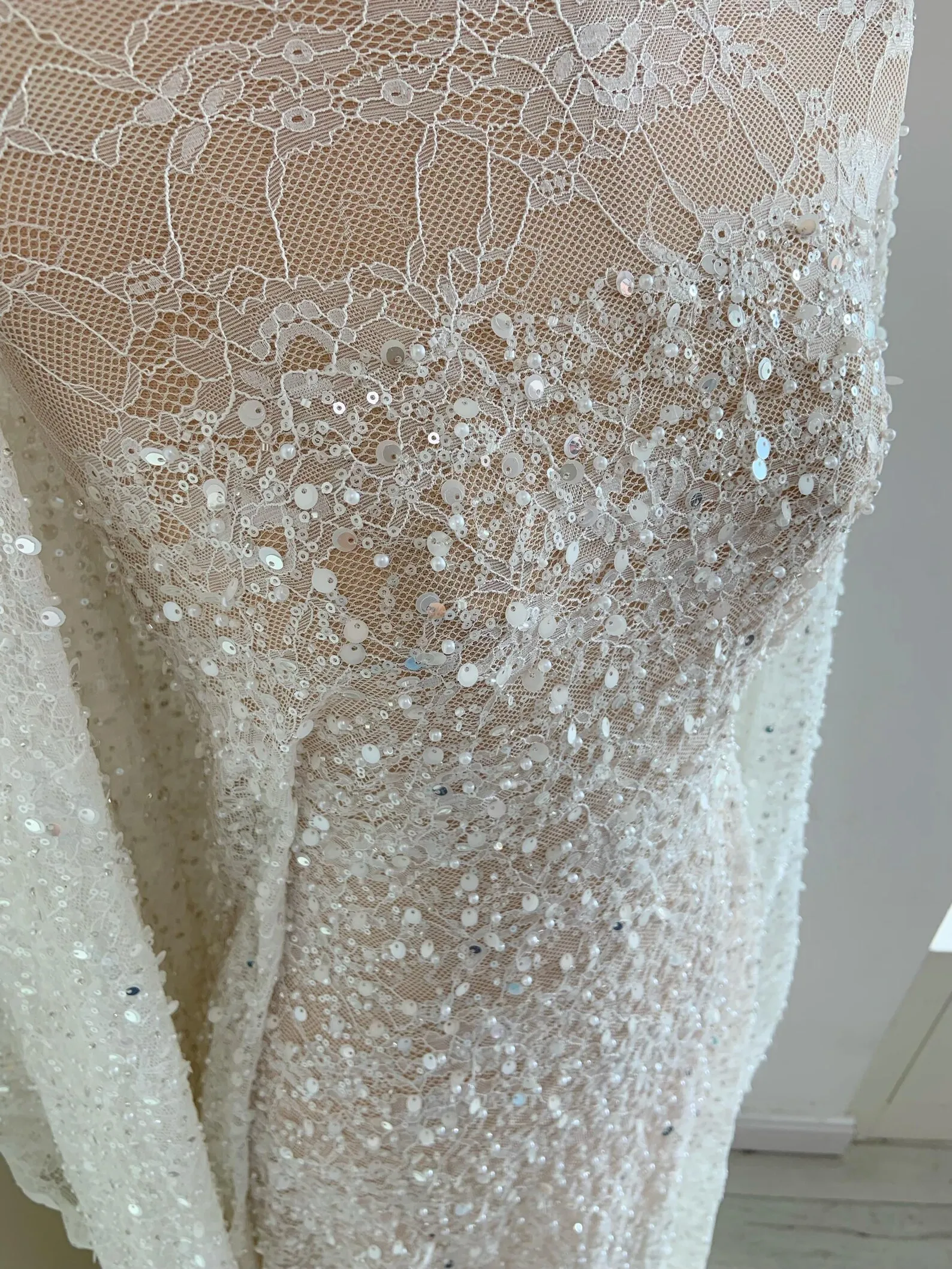 Off White Lace Fabric With Sequins And Beads, Beaded Lace Fabric For Bridal Dress