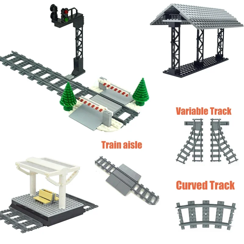 City Train Tracks Trein Track Rails Straight Curved Railway Building Blocks Train Station Bridge Brick Signs Signal Lights Model