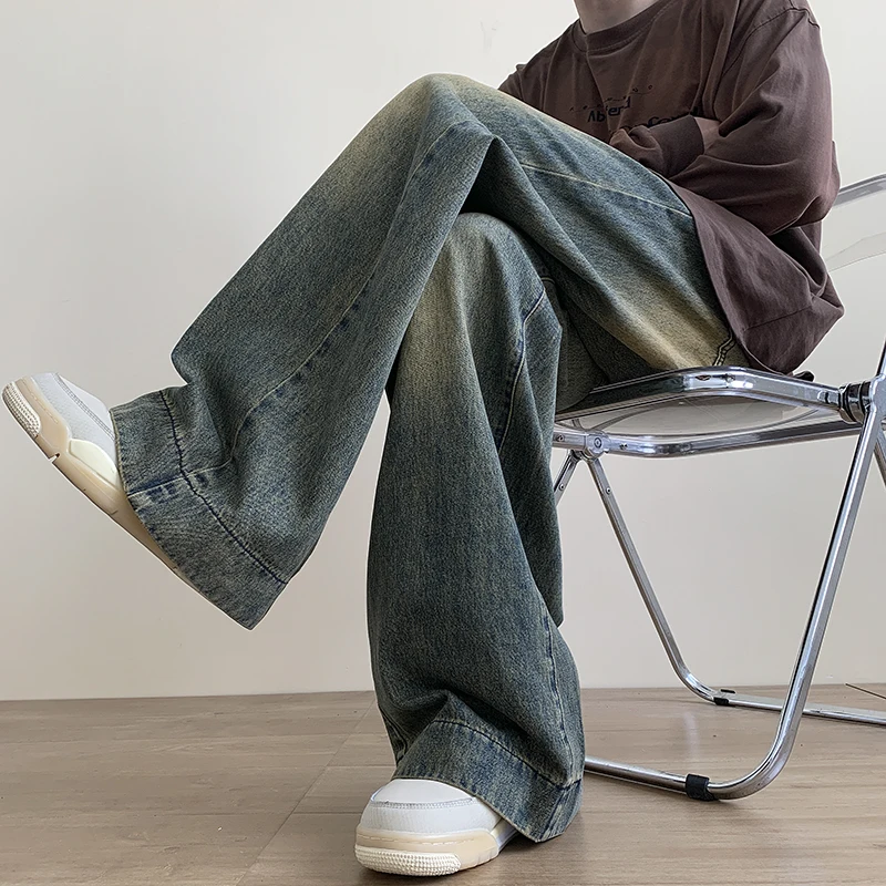 Distressed Vintage Blue Jeans Pants Men Wide-leg Denim Trousers Male Oversize Streetwear Fashion Casual Baggy Straight Jeans