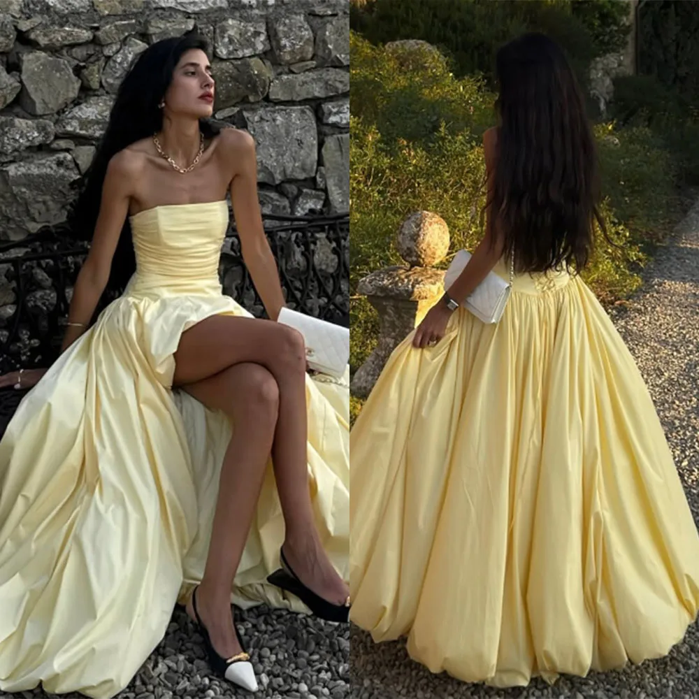 

High Quality Customized Floor Length Pleat Yellow Strapless High Fork A-line Wedding Party Robe Pour Mariage Invité Evening Gown