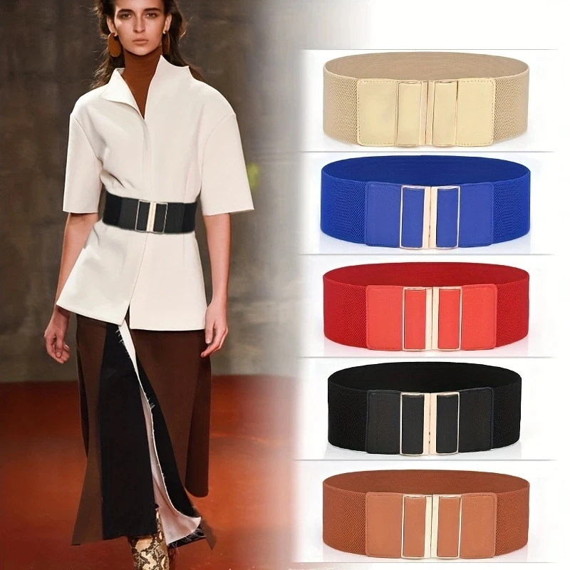 Simple Casual Elastic Wide Belts Elegant Geometric Metal Buckle Waistband Solid Color Trendy Dress Coat Girdle For Women