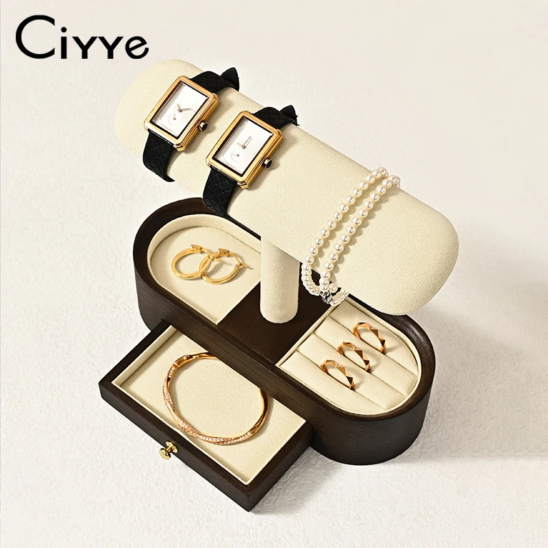

Ciyye Solid Wood Watch Display Stand Walnut Wood Watch Bracelet Earrings Rings Storage Stand Drawer Jewelry Storage Display Prop