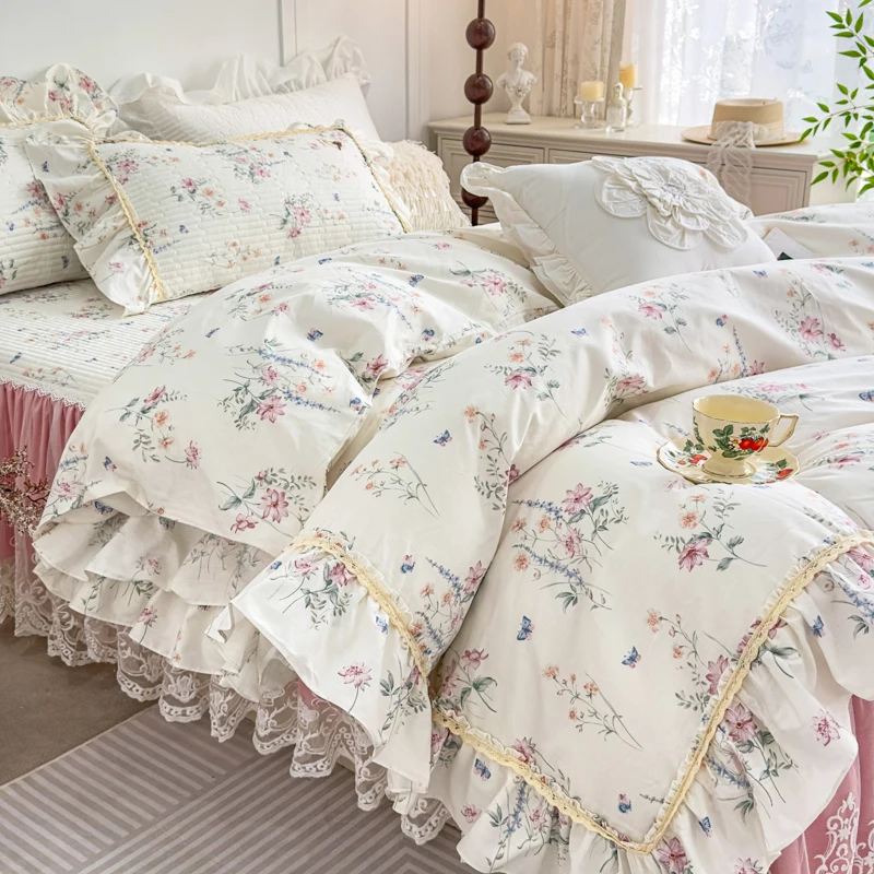 AI WINSURE French Vintage Cotton Bed Linen Set 240x220, 4 Pieces, Queen King, Lace Ruffle Bed Cover, Flower Bedding Set, Soft
