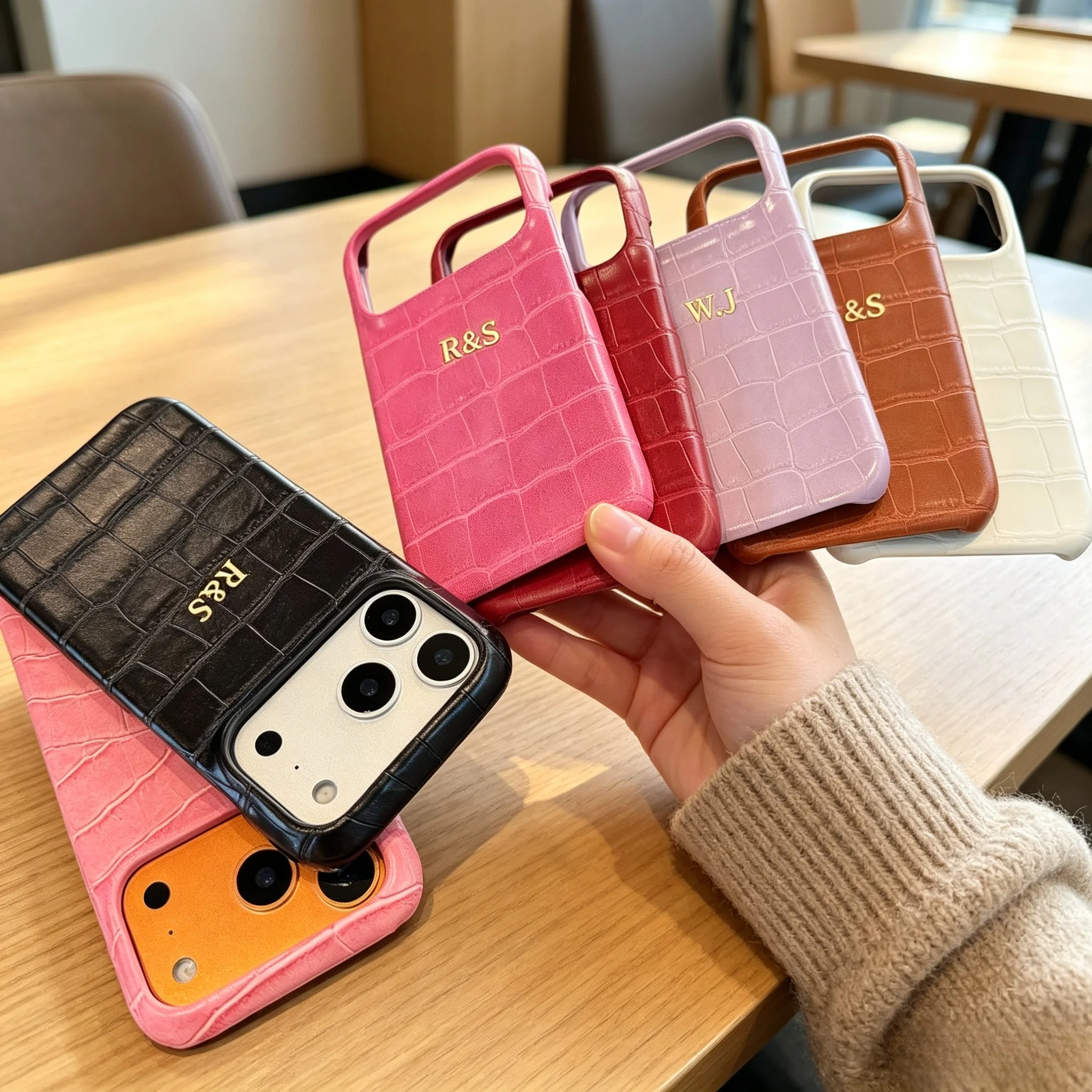 Bamboo Joint Textured Leather Personalized Initials Phone Case, iPhone 17 Pro Max, 16 Pro, 15 Shockproof Half‑package Cover