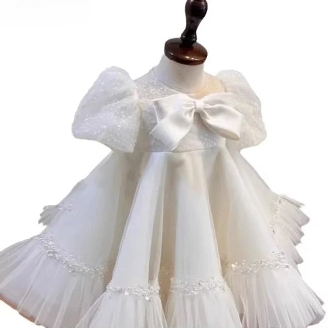 2025 vestido tutú blanco brillante de gama alta, traje de fiesta de boda para niña con flores de cumpleaños, vestido de princesa de estilo coreano para niñas