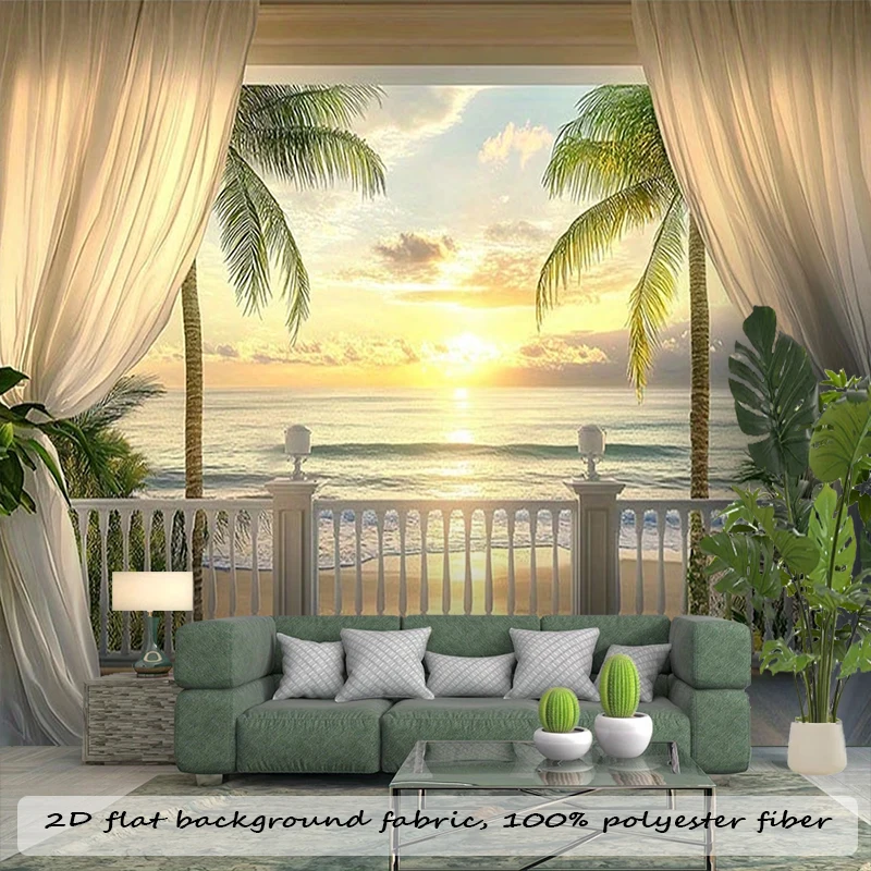 1PC Balcony Ocean Sunset View Print Backdrop Banner, Bedroom Living Room Photo Background, Polyester, Home Decor, Wall Art