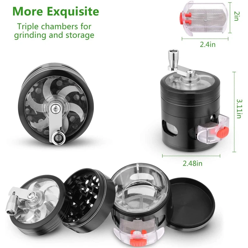 Herb Grinder, Premium Hand Cranked Design, Higher Volume - 3 Separation Chambers Contain Drawer And Powder Separator