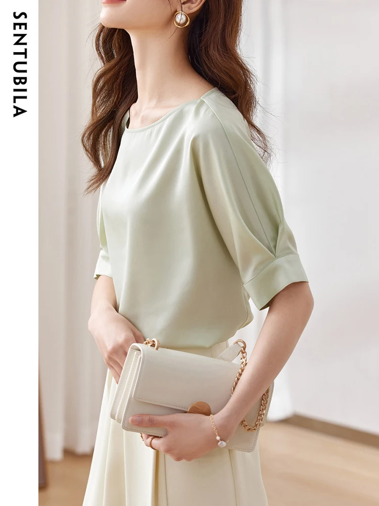 SENTUBILA Elegant Chiffon Blouses Tops Women Fashion O Neck Half Raglan Sleeves Office Lady Solid Basic Straight  Summer Shirts