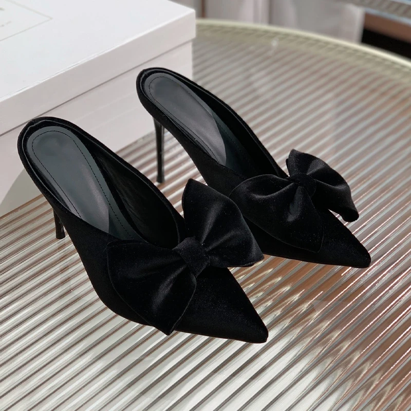 Runway Look Butterfly Knot Velvet Half Head Slipper High-Heel Wedding Genuine Leather Summer Party Stiletto Heel Women Shoes