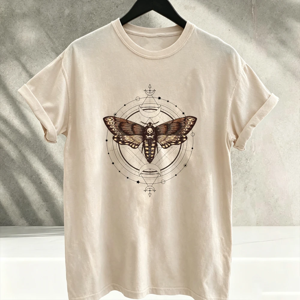 Moth Skull Geometric Circular Celestial Symbol Shirt Short Sleeve Regular Fit Tee Gothic Insect Astronomy Print Casual T-shirts