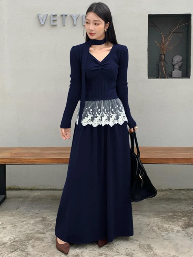 새로운 패션 달콤하고 매운 소녀 레이스 패치워크 브이넥 긴팔 상의 투피스 세트 하이웨이스트 롱 스커트 니트 2피스 의상