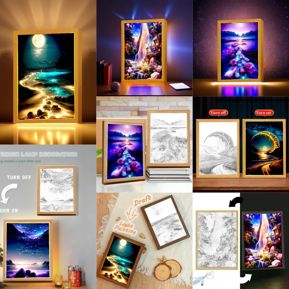 Table Decoration Light Painting Photo Frame Modern Landscape Led Night Light Bedside Bedroom Home Decor Christmas Gift Moon Lamp